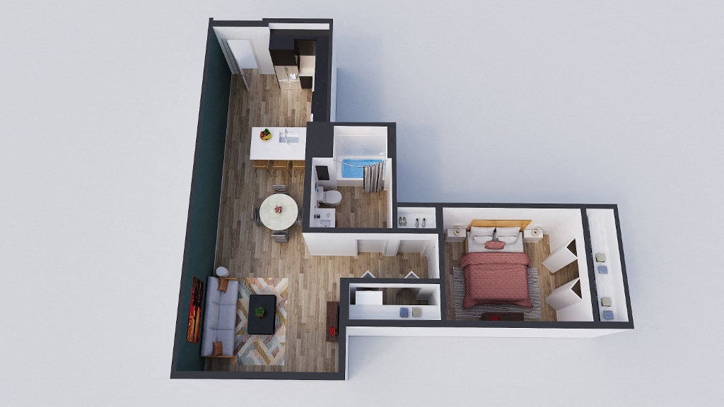 Floor plan for 1 bed, 1 bath, 739 sqft